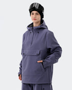Women wearing Purple waterproof ski hoodie pullover backcountry adventure
