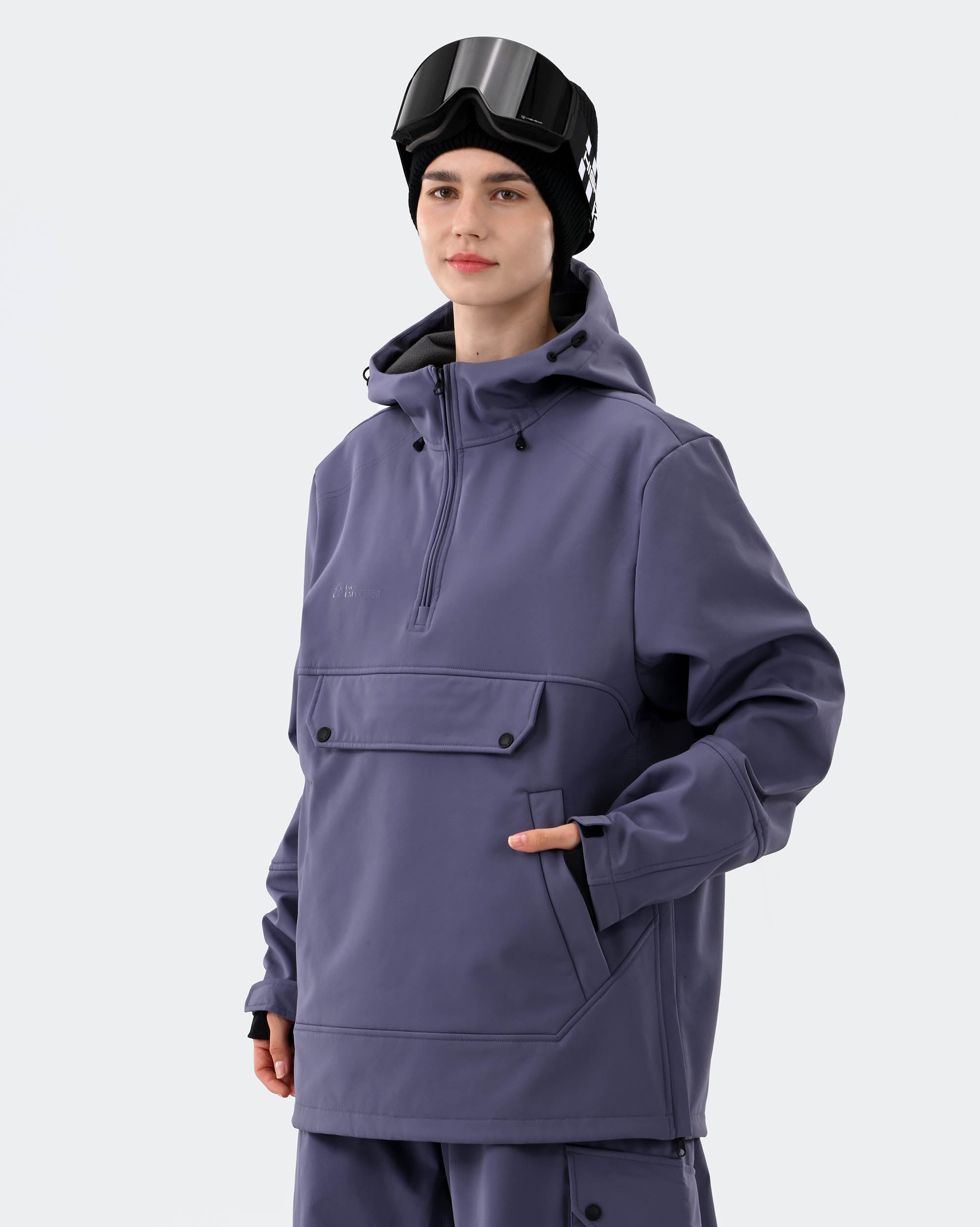 Women wearing Purple waterproof ski hoodie pullover backcountry adventure
