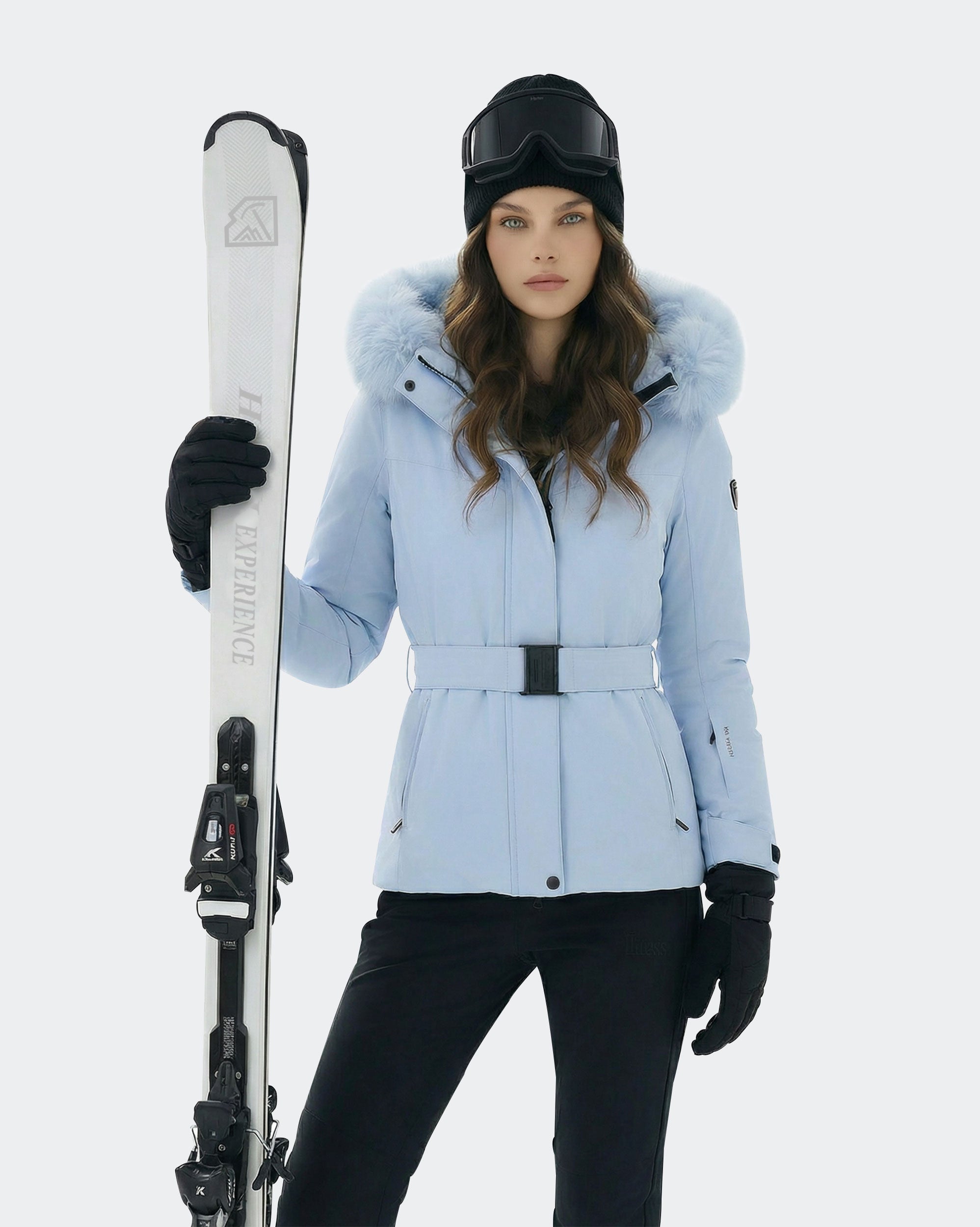Light Blue women's ski jacket side view showing adjustable waist belt

