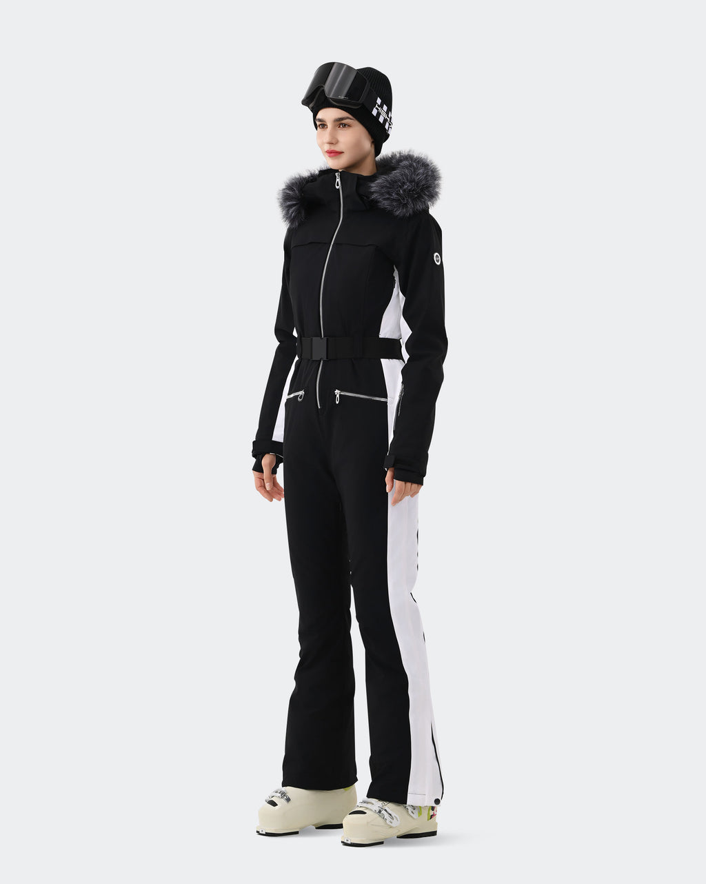 Black White one-piece ski suit side view showing high-elasticity slim fit
