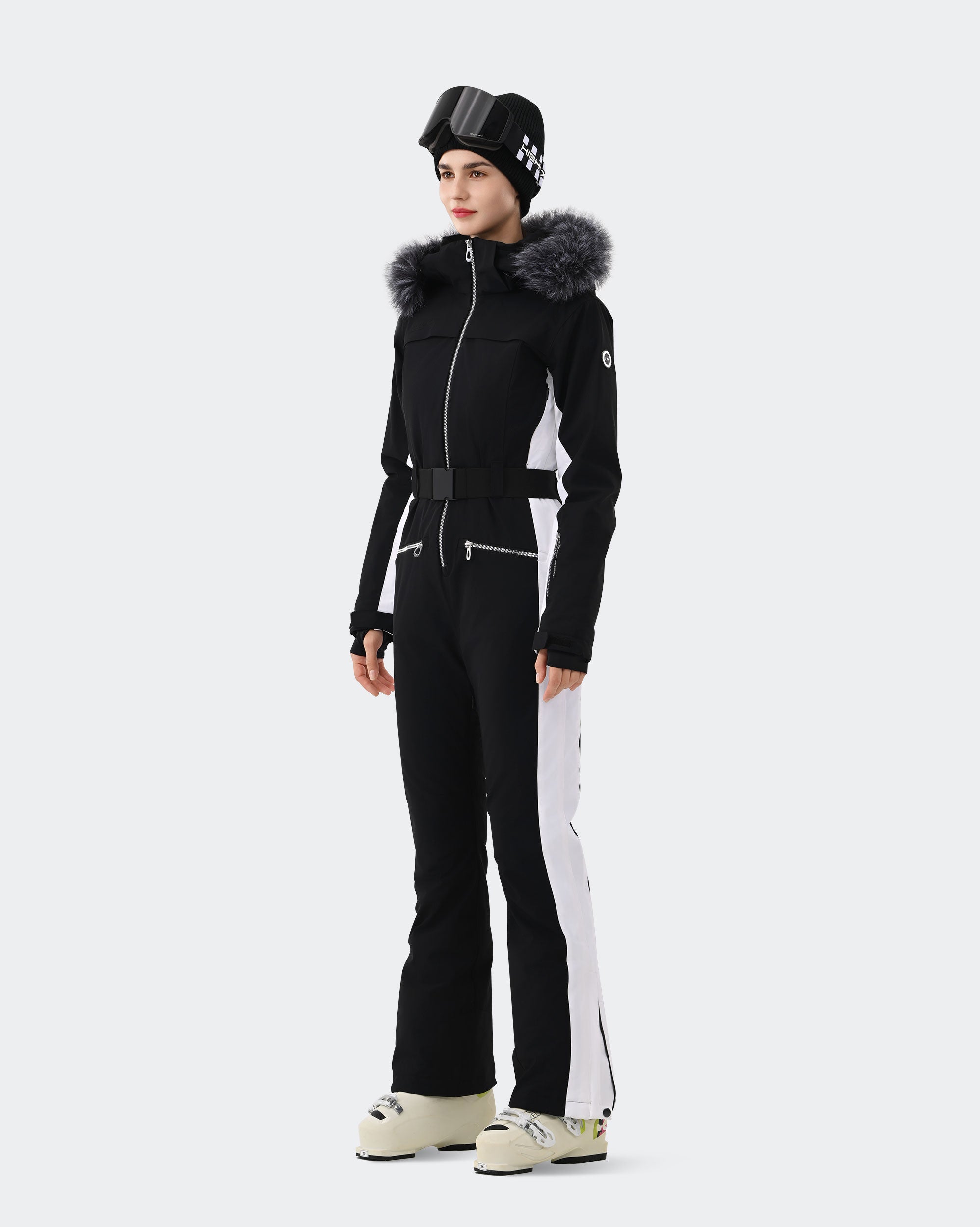 Black White one-piece ski suit side view showing high-elasticity slim fit

