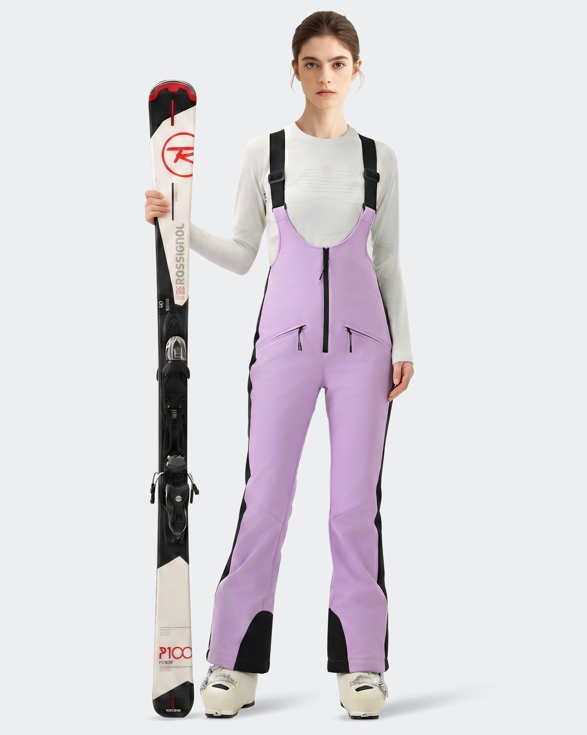 HIGH EXPERIENCE Women's Slim Fit Ski Bib Pants - Purple - Detail ViewHIGH EXPERIENCE Women's Slim Fit Ski Bib Pants - Purple - Detail View