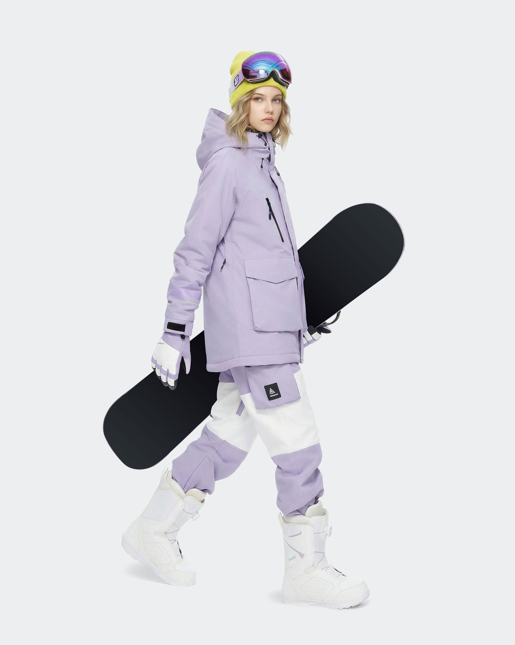 Light Purple ski jacket goggle chest pocket and lift ticket pocket detail
