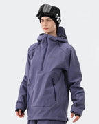 Purple 3-layer ski jacket side view showing abrasion-resistant outer layer
