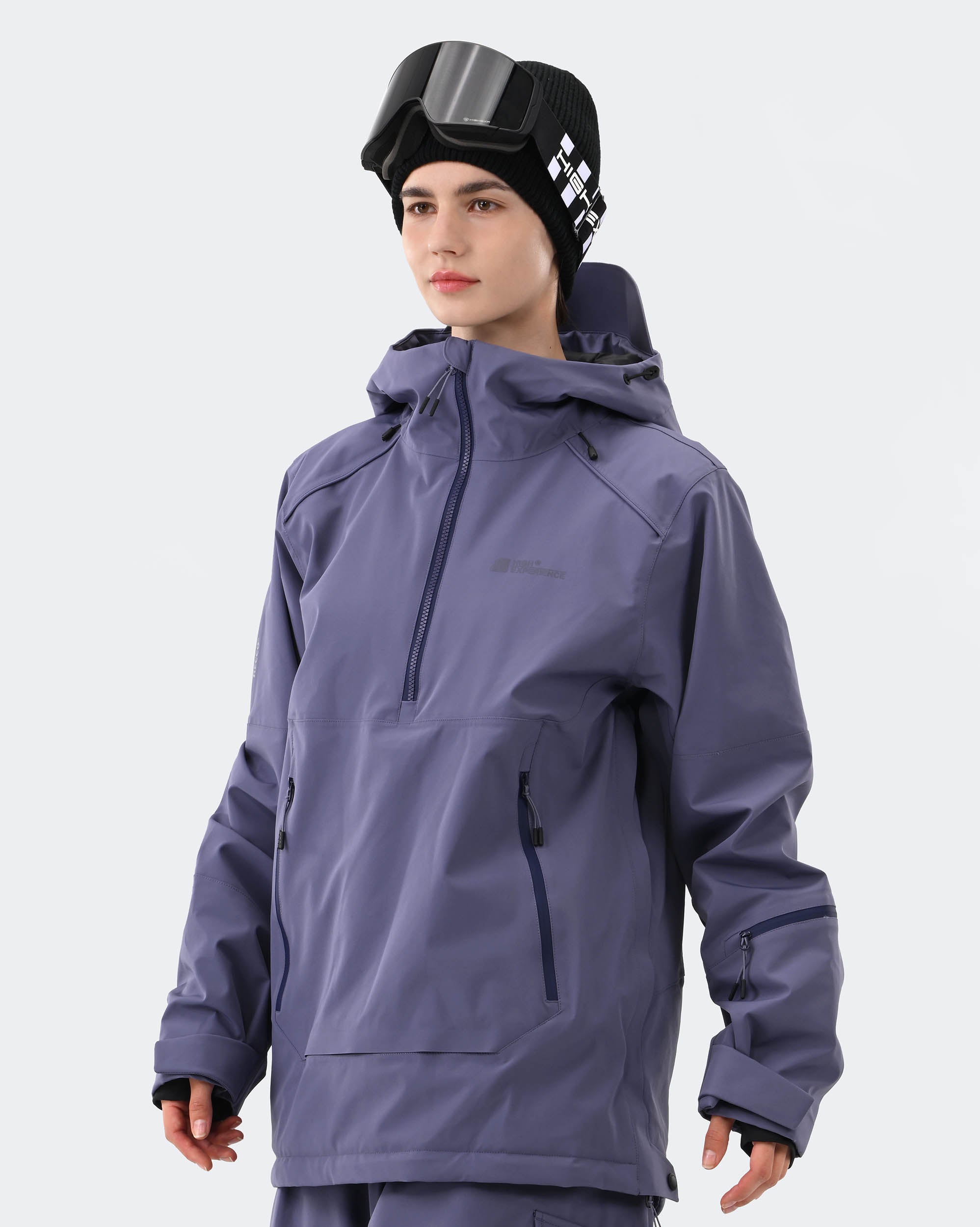 Purple 3-layer ski jacket side view showing abrasion-resistant outer layer

