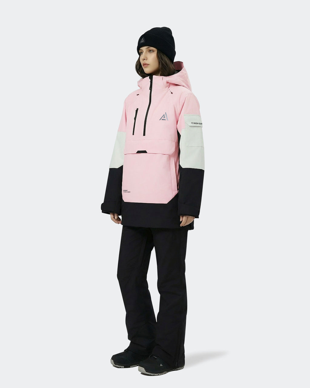 Black-Pink ski jacket windproof cuff and hem drawstring detail

