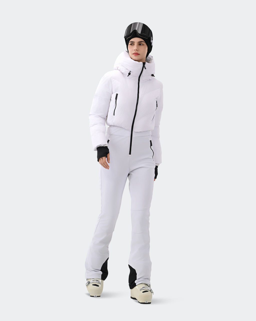 White ski suit waist Velcro and leg zipper detail – HIGH EXPERIENCE

