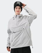Gray fleece lined ski hoodie side profile showing storm hood
