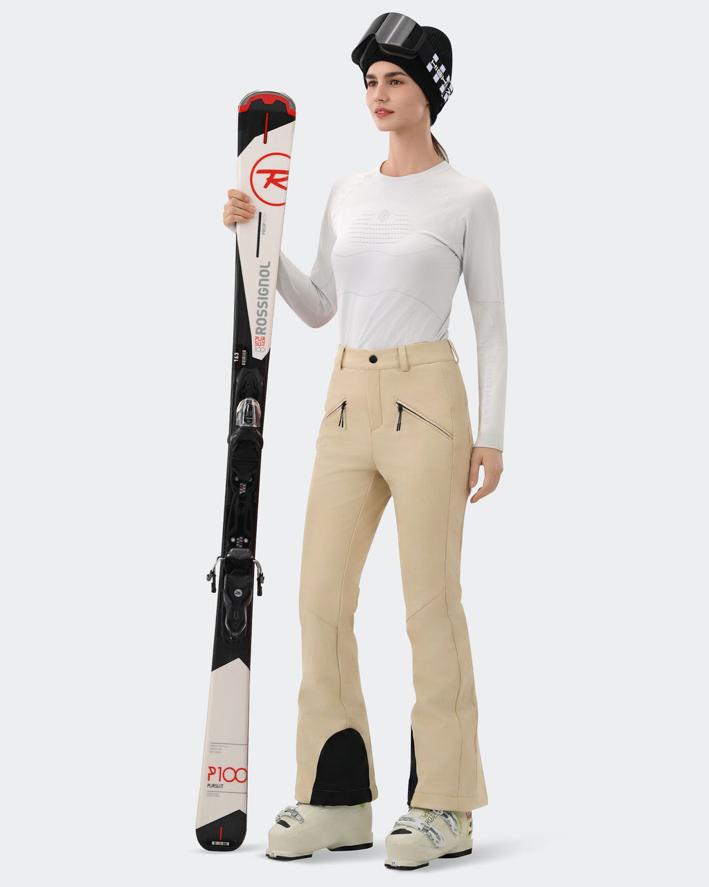 Khaki Women's Snowboard Pants Slim Fit On Model | HIGH EXPERIENCE