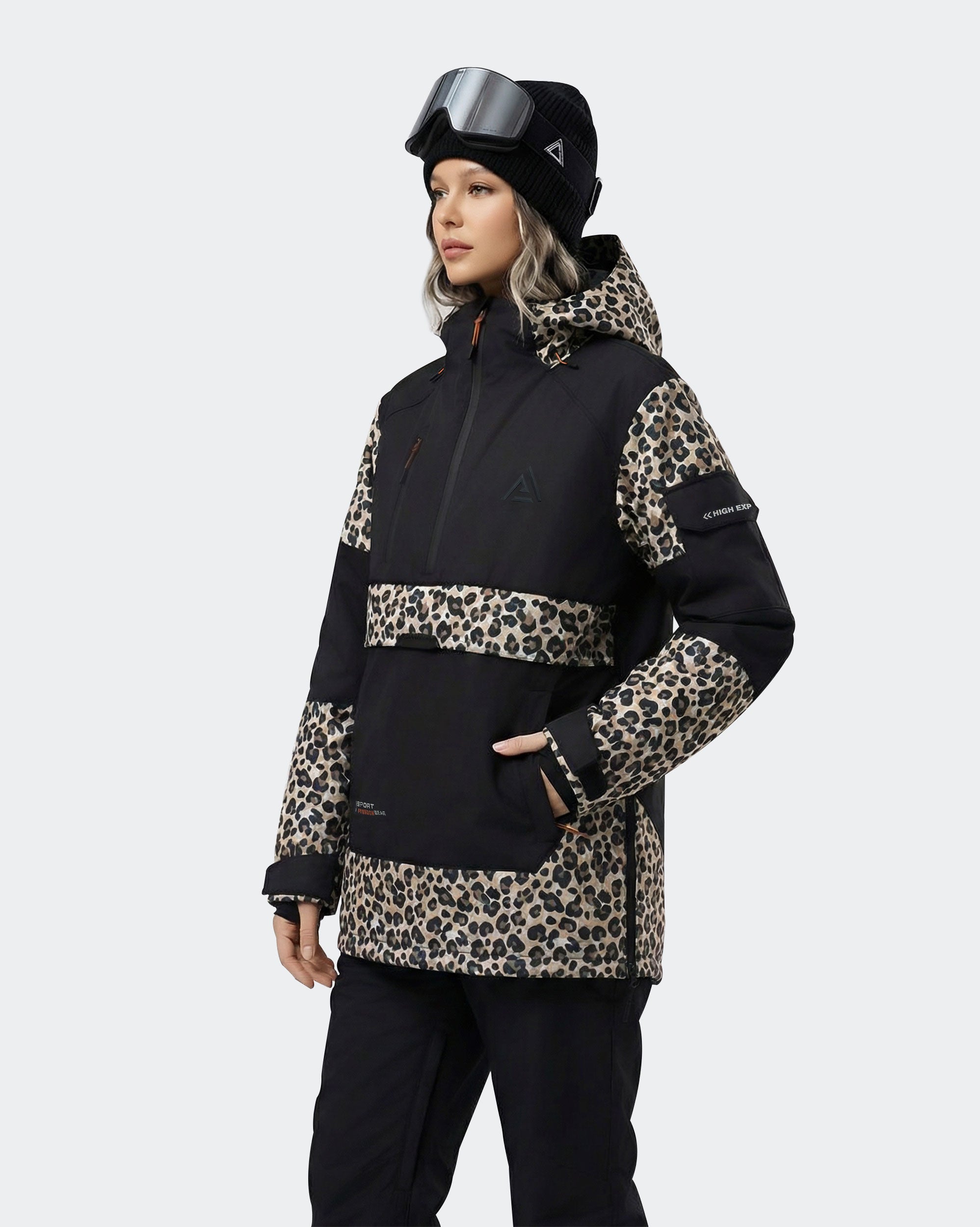 Women wearing Black Leopard Print snowboard hoodie outdoor shot

