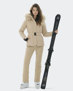 Light Khaki ski jacket fleece hood and hem drawstring detail
