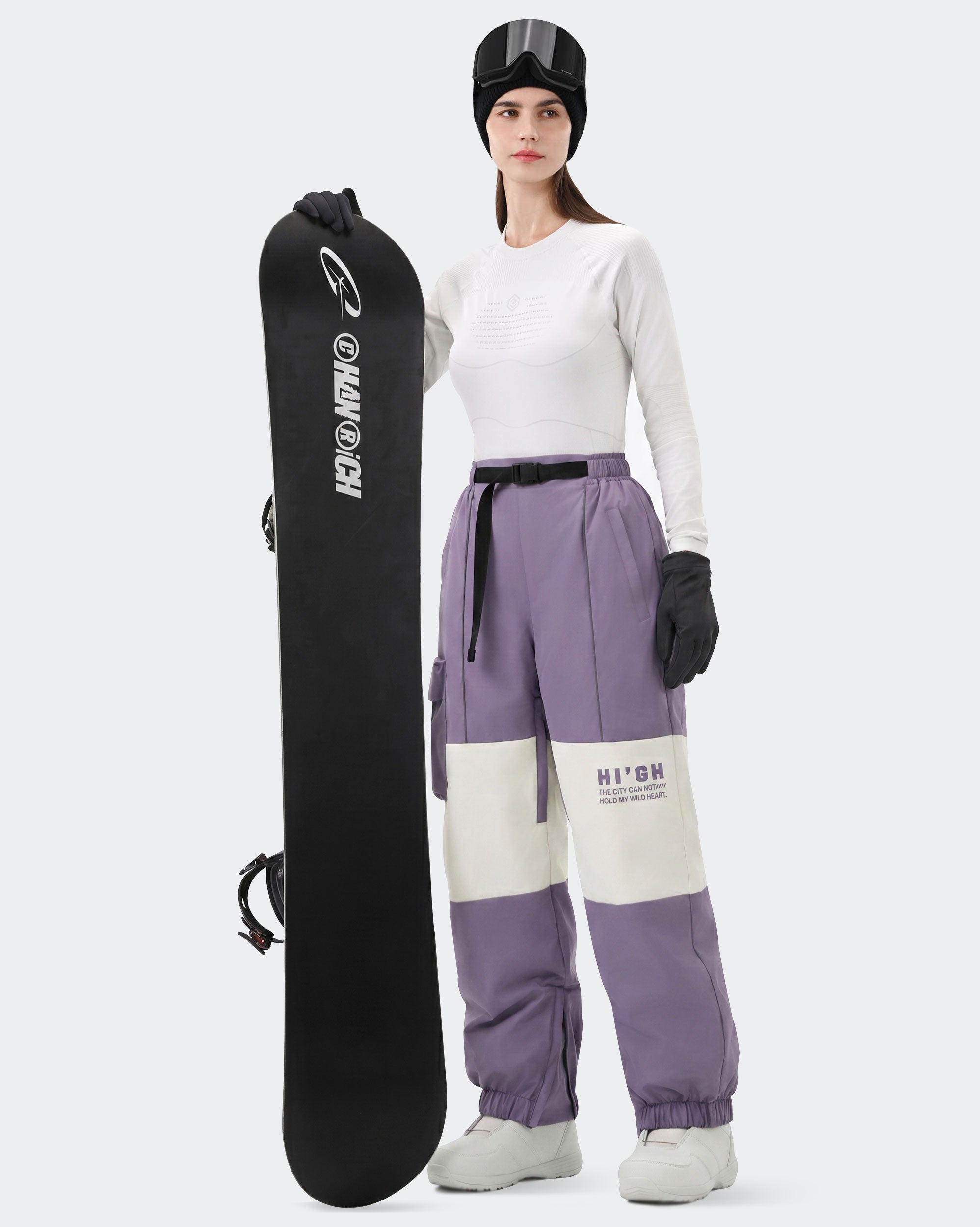 HIGH EXPERIENCE Women's Baggy Ski Pants Purple On Model Full Body — Waterproof Ski Pants