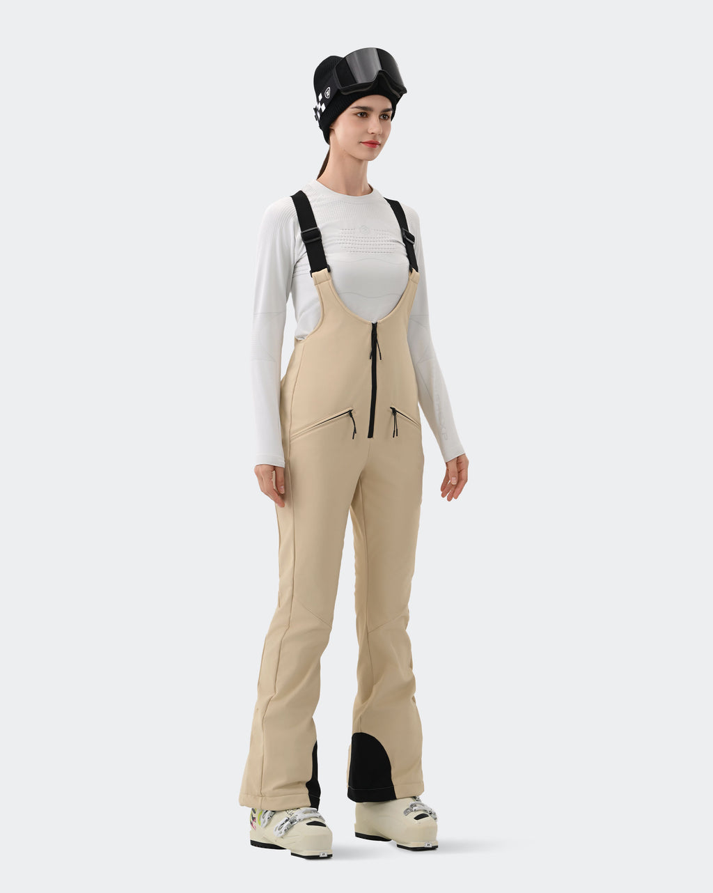 HIGH EXPERIENCE Women's Ski Bib Pants Light Khaki – Waterproof Insulated Snow Overalls, Detail Close-up