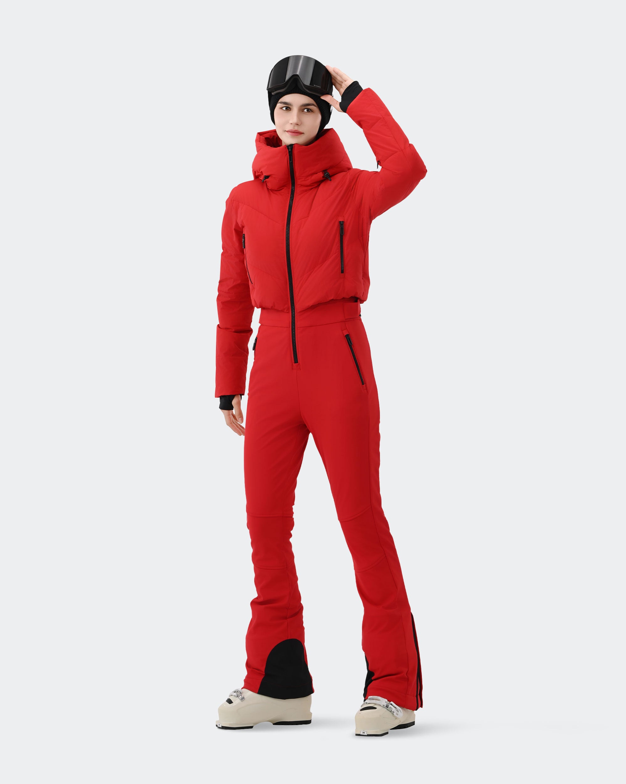 Red ski suit waist Velcro and leg zipper detail – HIGH EXPERIENCE
