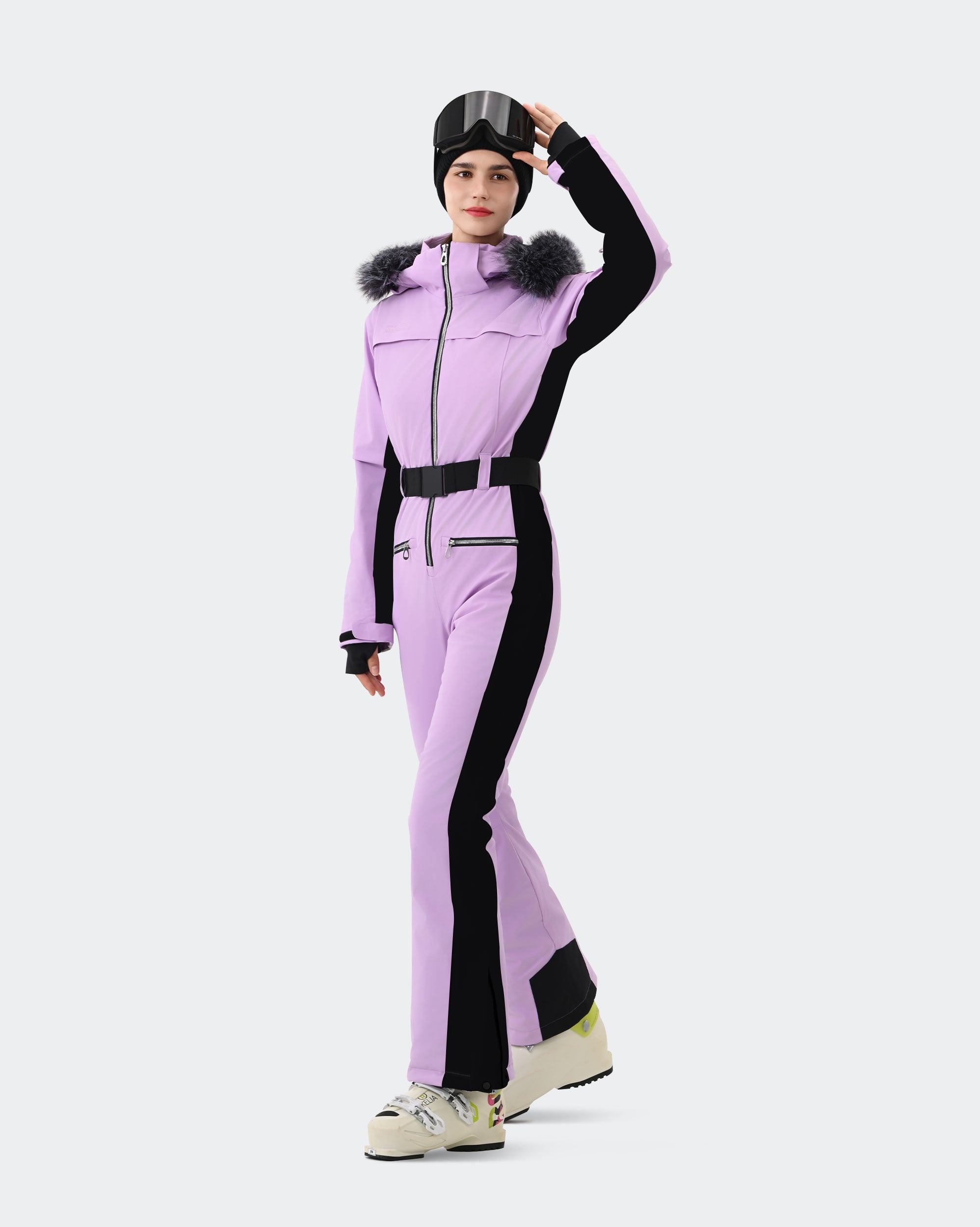Black-Purple ski suit removable hood and zippered chest pocket detail
