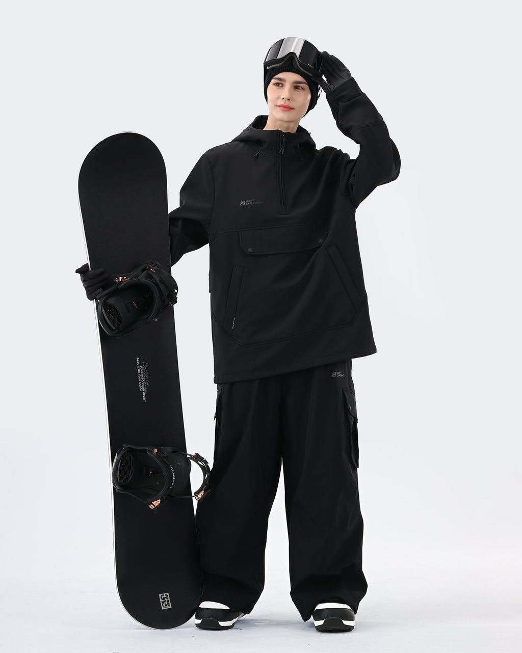 Black fleece lined ski hoodie side view showing loose fit

