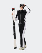 Black White ski suit underarm ventilation zipper and ankle wind skirt detail
