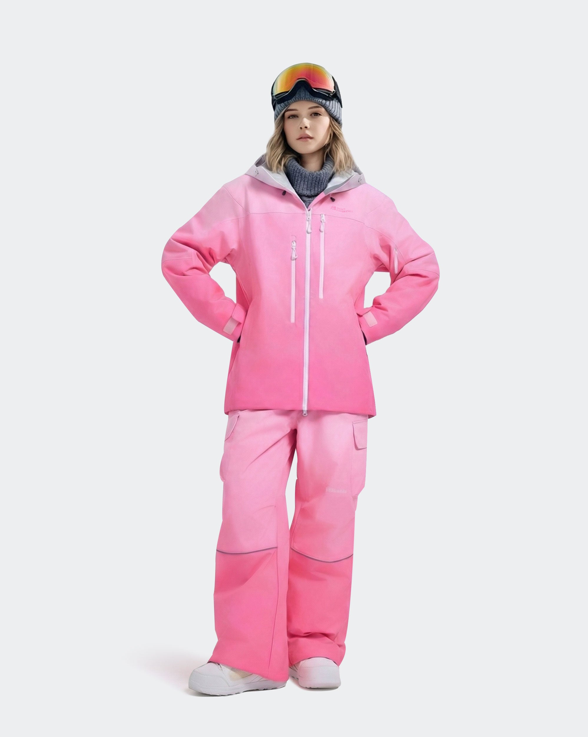 Pink baggy snowboard jacket side view showing relaxed oversized silhouette
