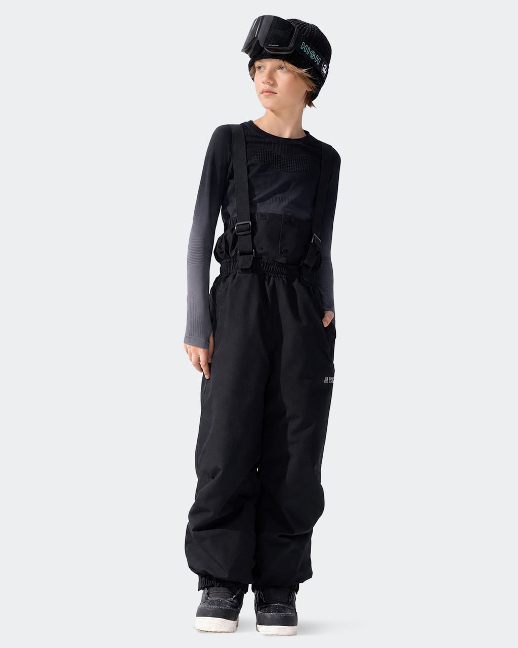 HIGH EXPERIENCE Kids Ski Pants - Black, Child Wearing Suspender Ski Pants