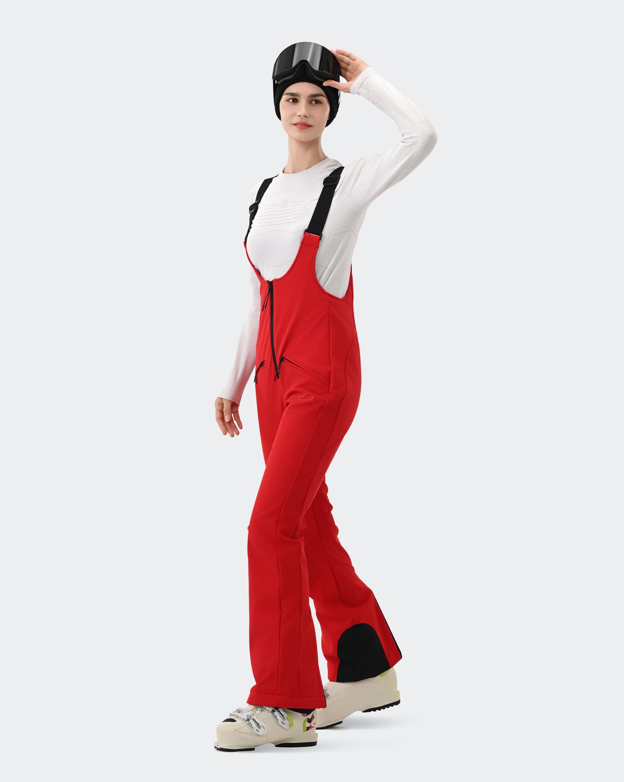 HIGH EXPERIENCE Women's Ski Bib Pants Red – Waterproof Insulated Snow Overalls, Detail Close-up