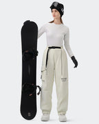 HIGH EXPERIENCE Women's Baggy Ski Pants Cream White On Model Front — Waterproof Snowboard Pants