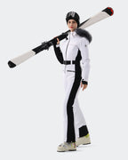 Women wearing White one-piece insulated ski suit on mountain

