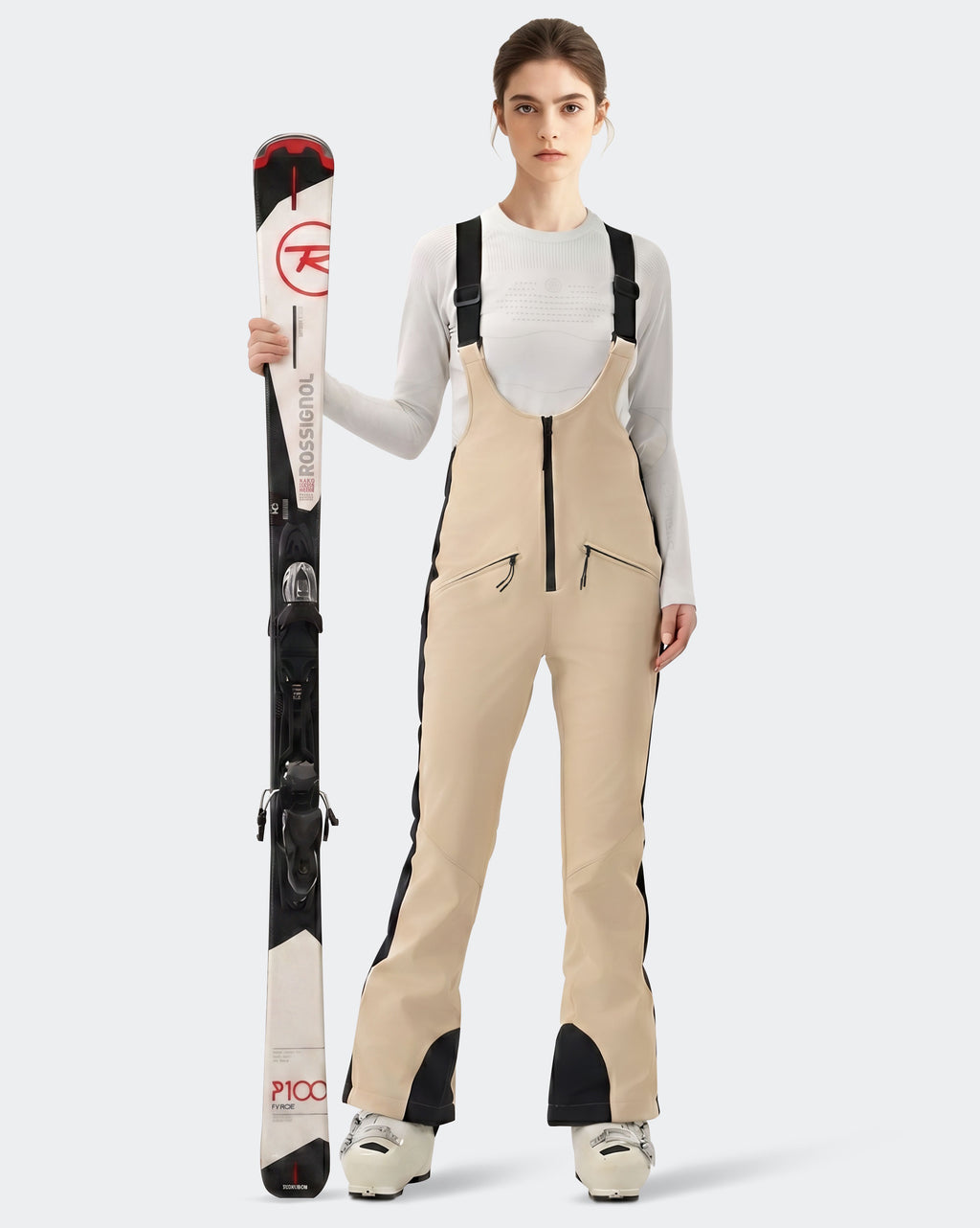 IGH EXPERIENCE Women's Slim Fit Ski Bib Pants - Light Khaki - Detail View
