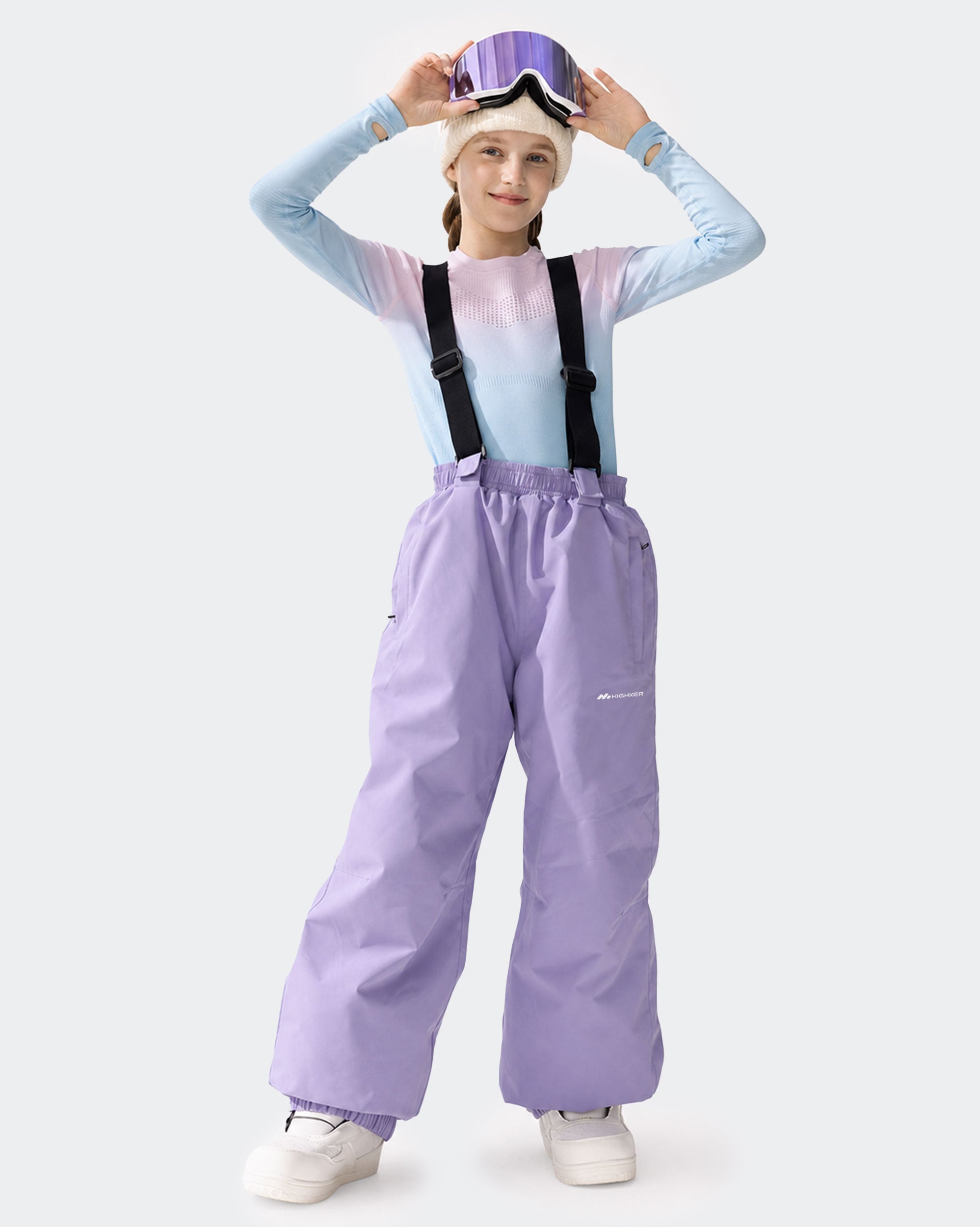 HIGH EXPERIENCE Kids Ski Pants - Purple, Girl Wearing Suspender Ski Pants
