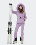 Light Purple ski jacket adjustable belt and windproof cuff detail
