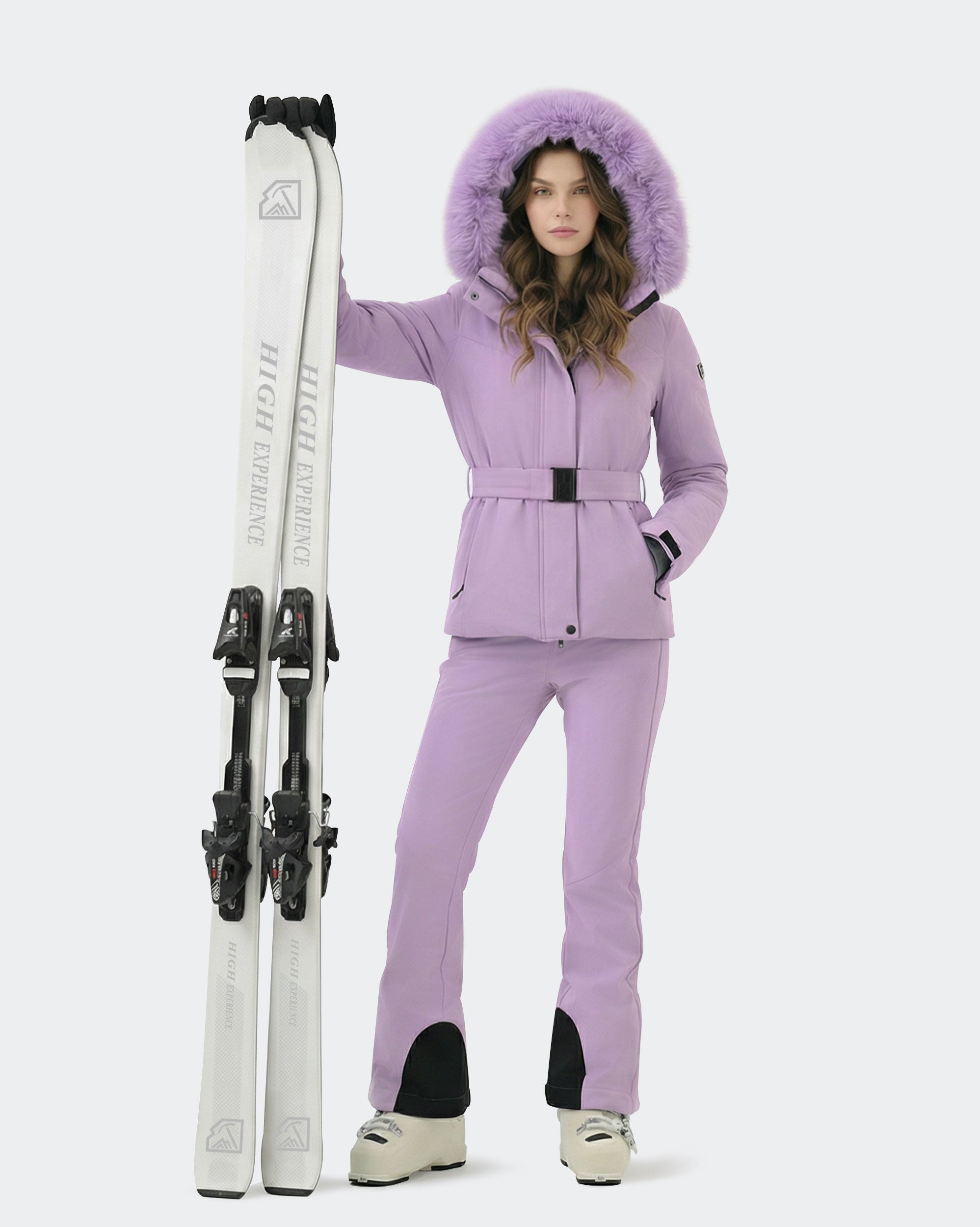 Light Purple ski jacket adjustable belt and windproof cuff detail
