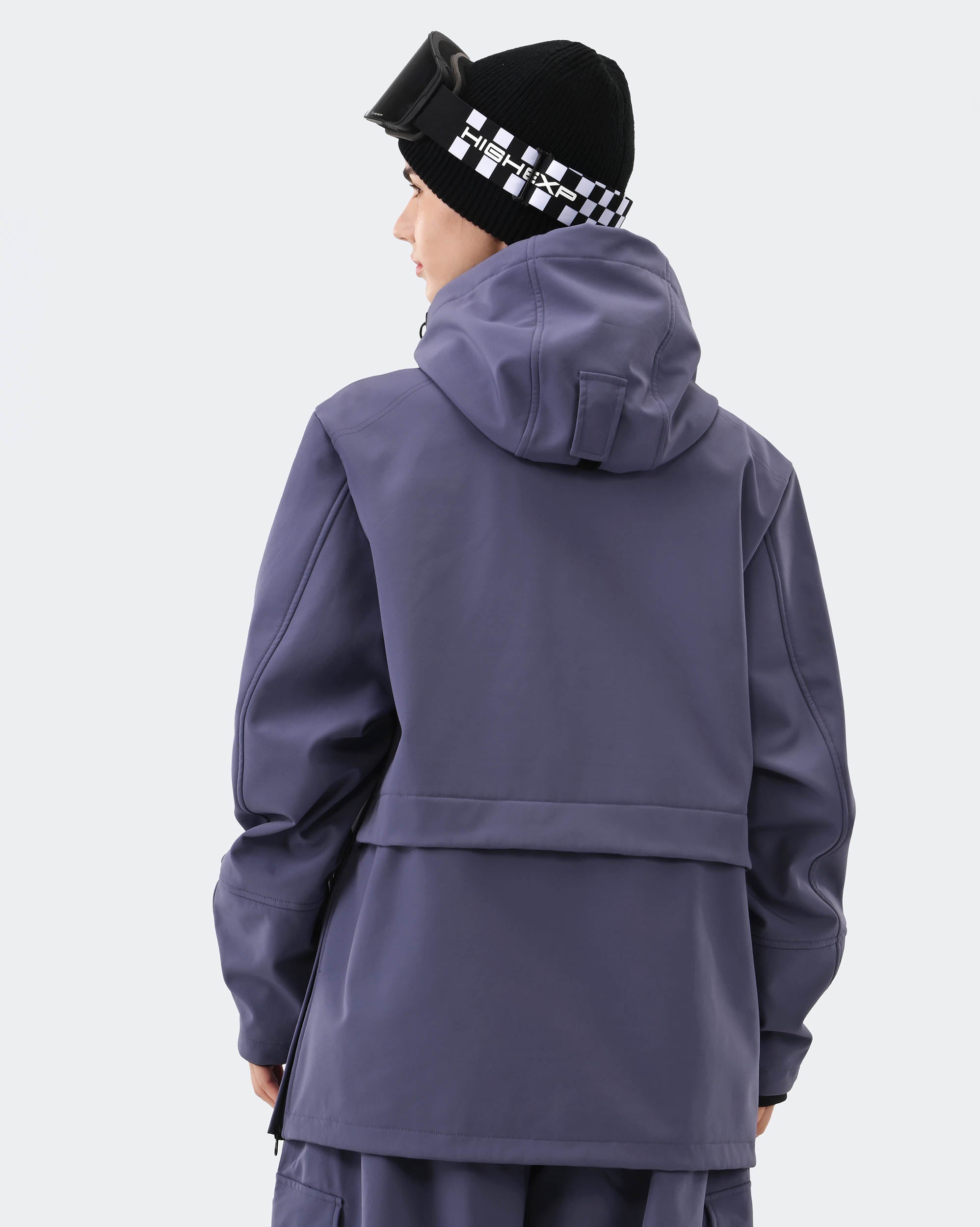 Purple ski hoodie pullover back view – women's snowboard jacket
