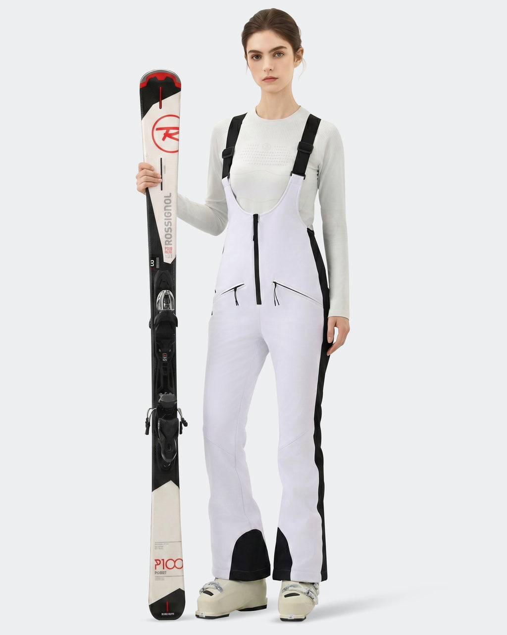 HIGH EXPERIENCE Women's Slim Fit Ski Bib Pants - White - Detail View