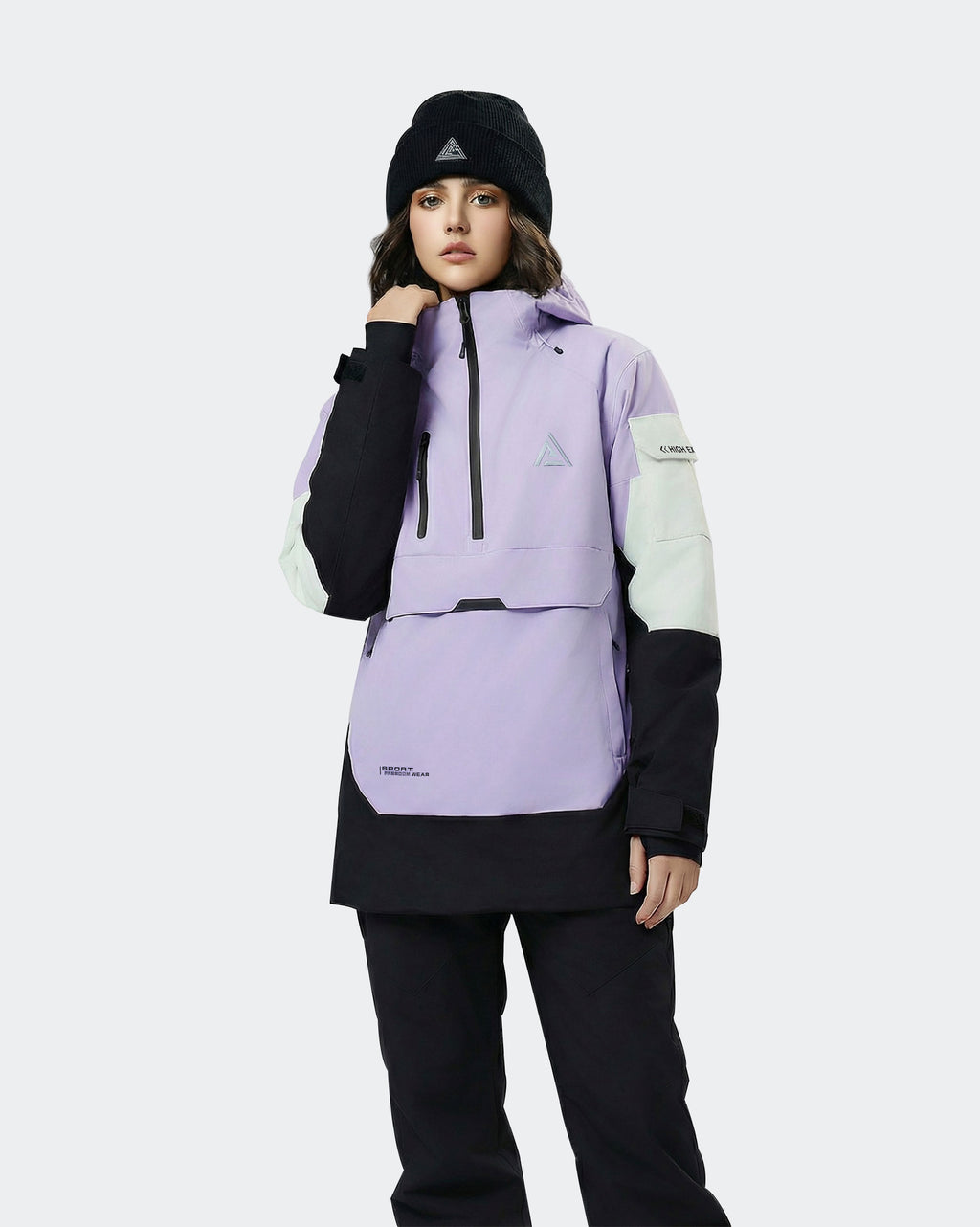 Black-Purple ski jacket zippered pocket and sleeve ticket pocket detail
