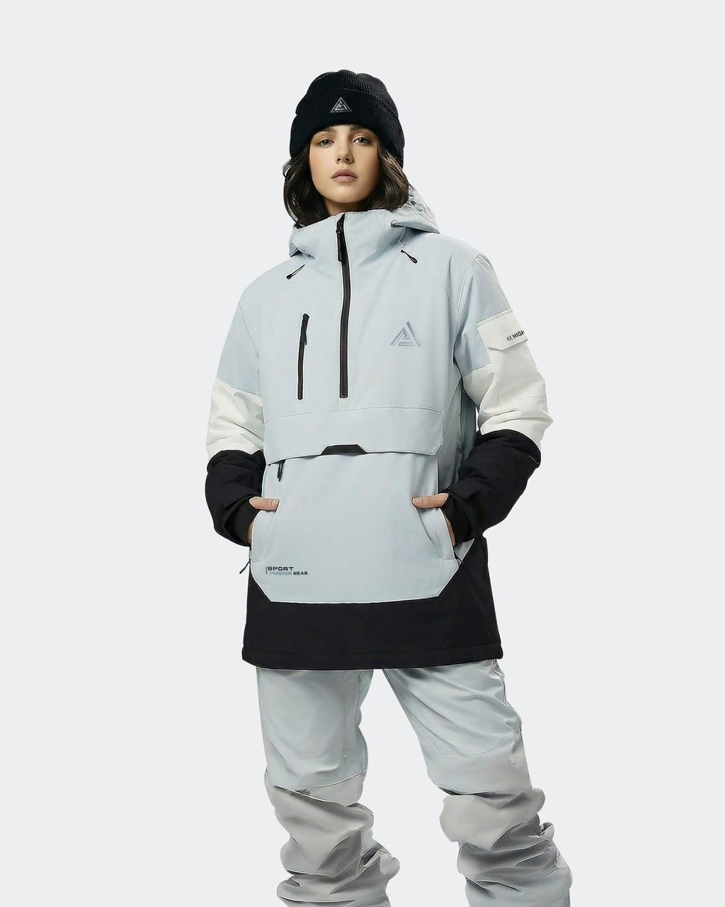 Women's ski hoodie pullover jacket front view in Black-Blue – HIGH EXPERIENCE
