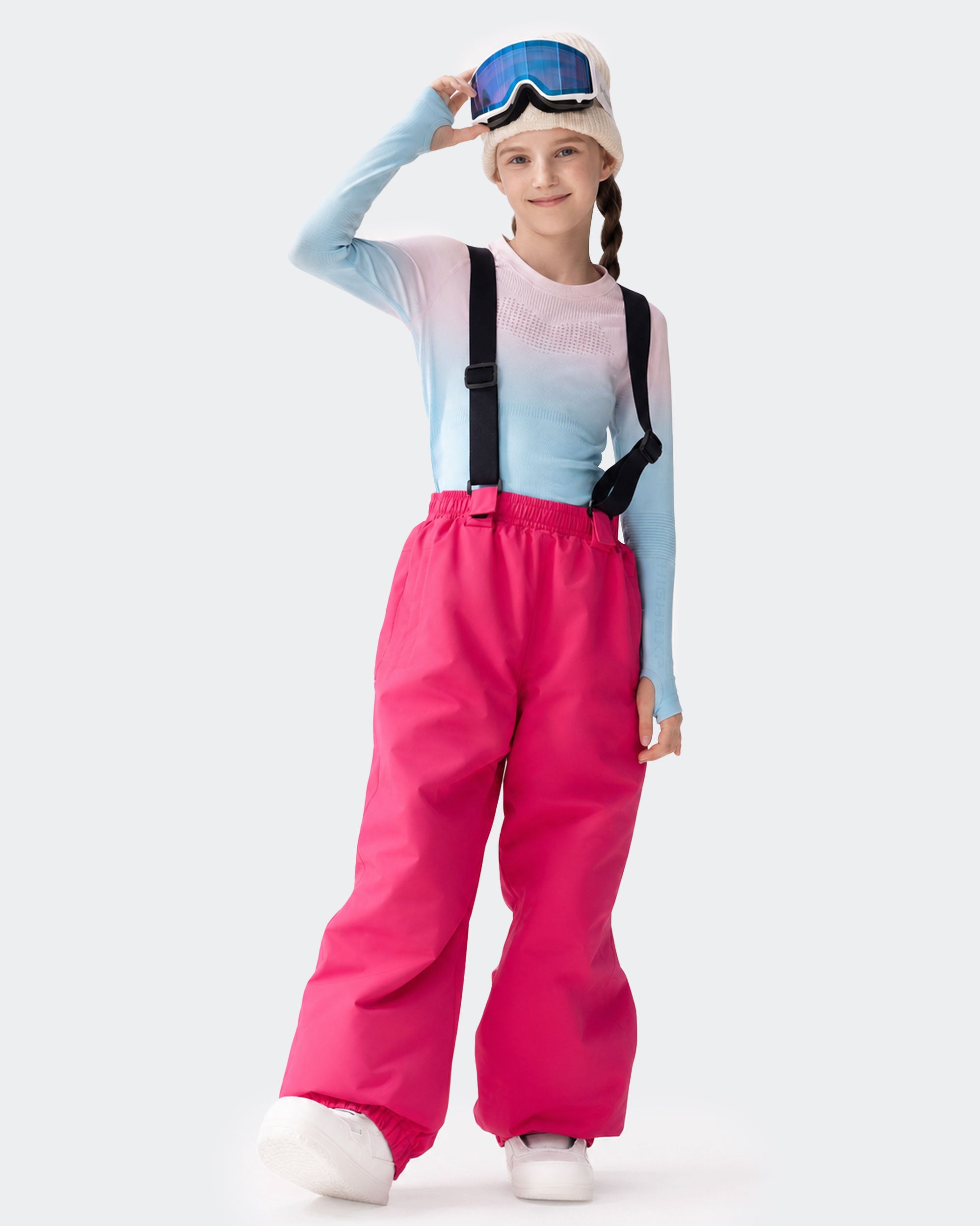 HIGH EXPERIENCE Kids Ski Pants - Pink, Girl Wearing Suspender Ski Pants on Slopes
