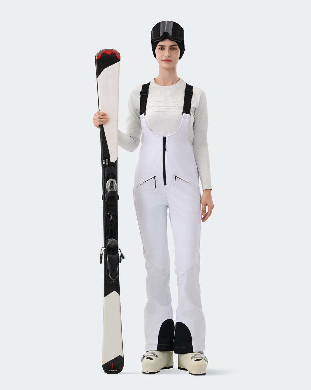HIGH EXPERIENCE Women's Ski Bib Pants White – Waterproof Insulated Snow Overalls, Detail Close-up