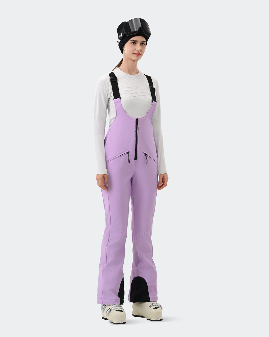 HIGH EXPERIENCE Women's Ski Bib Pants Light Purple – Waterproof Insulated Snow Overalls, Detail Close-up