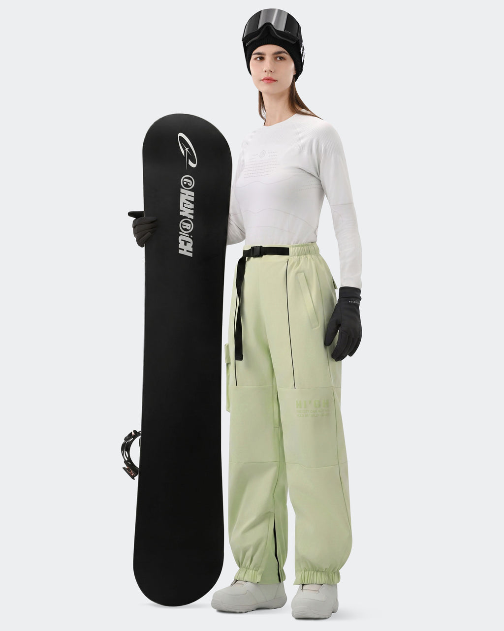 HIGH EXPERIENCE Women's Baggy Ski Pants Olive Green On Model Front — Waterproof Snowboard Pants