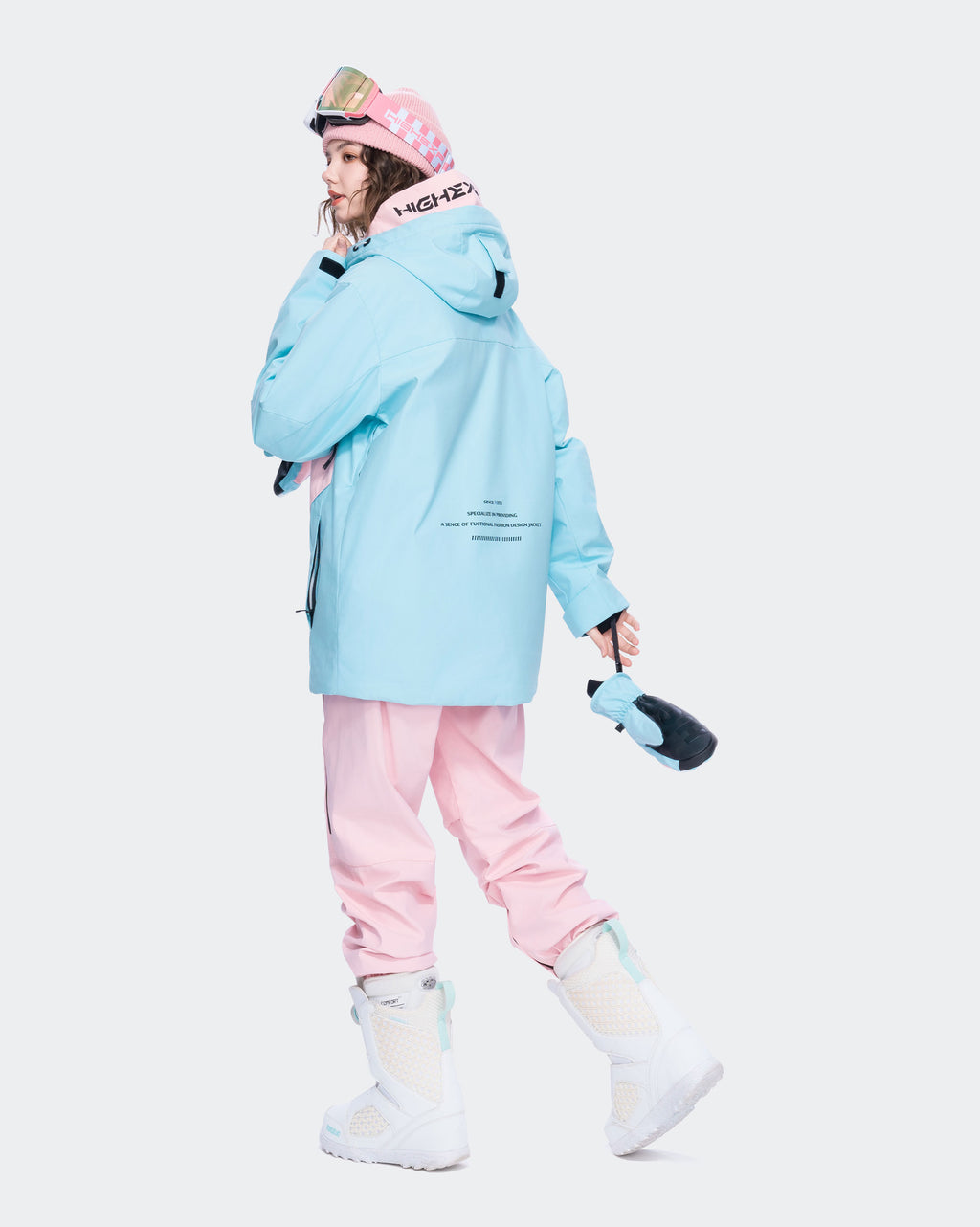 Blue women's snowboard coat back view – HIGH EXPERIENCE
