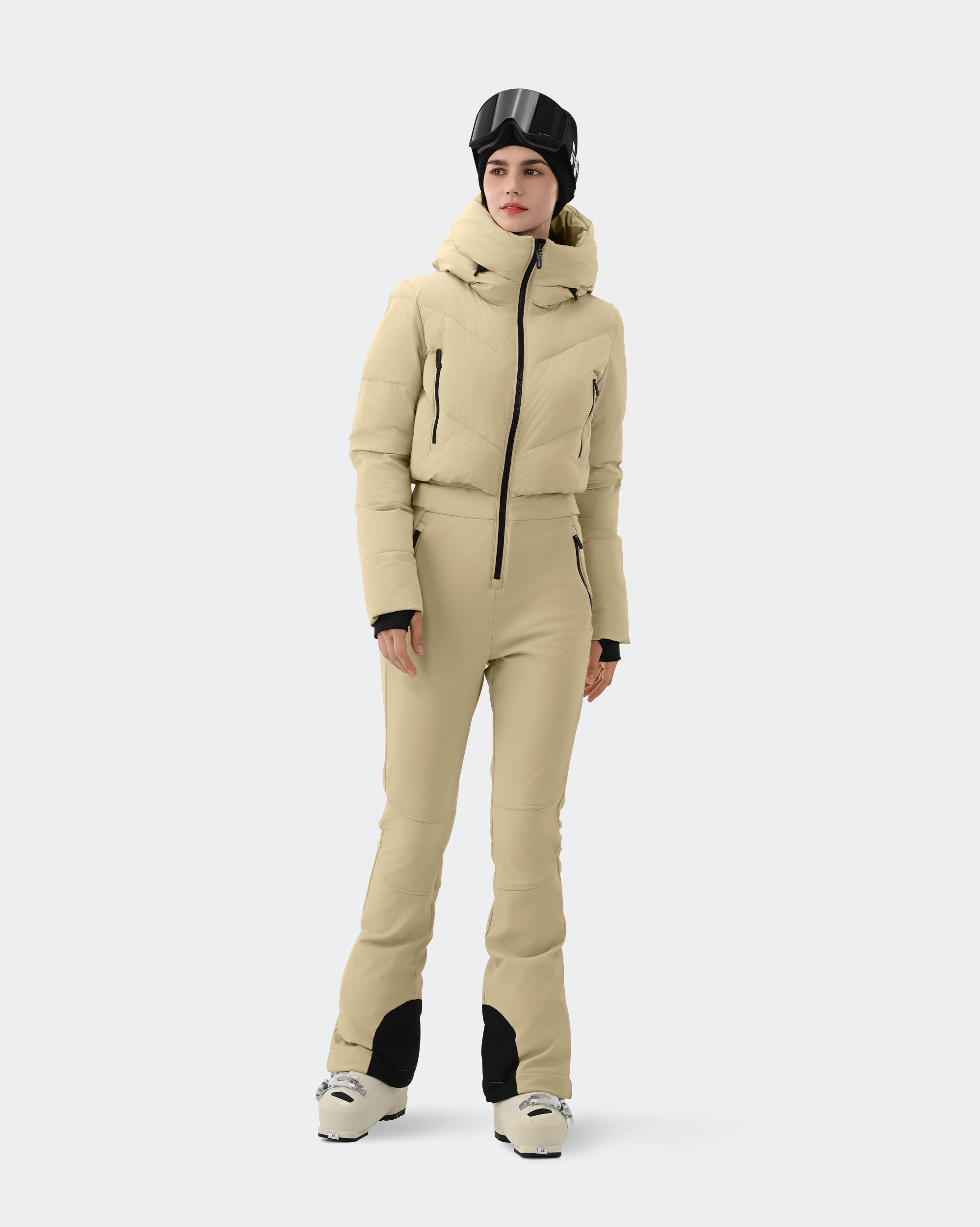 Light Khaki ski suit waist Velcro and leg zipper detail – HIGH EXPERIENCE
