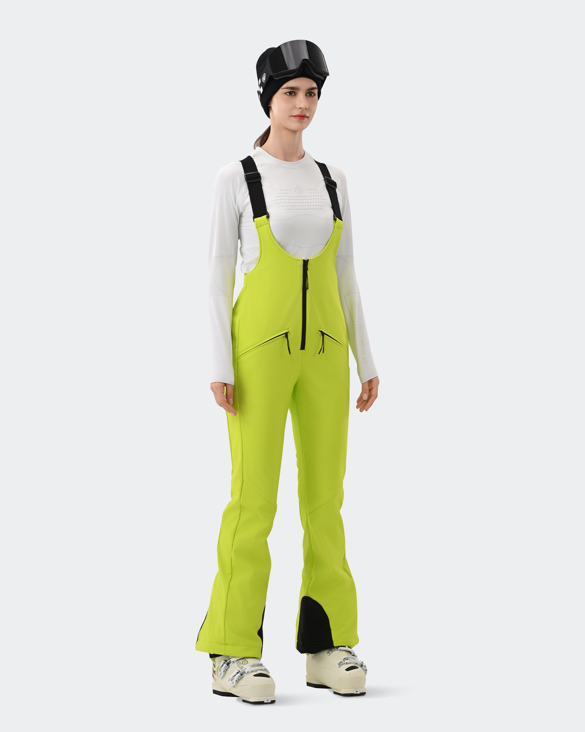 HIGH EXPERIENCE Women's Ski Bib Pants Light Green – Waterproof Insulated Snow Overalls, Detail Close-up