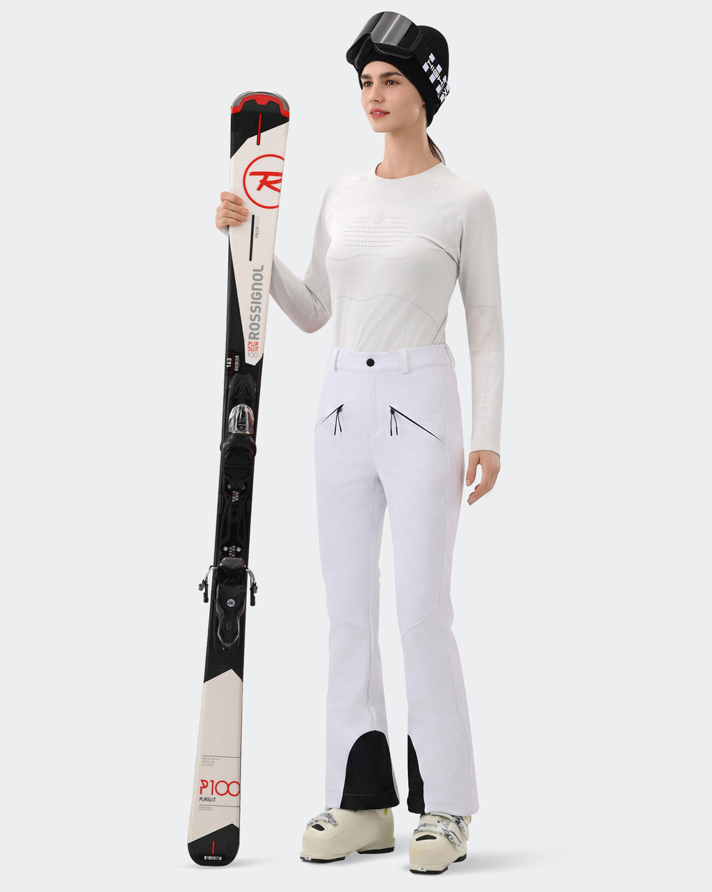 White Women's Snowboard Pants Slim Fit On Model | HIGH EXPERIENCE