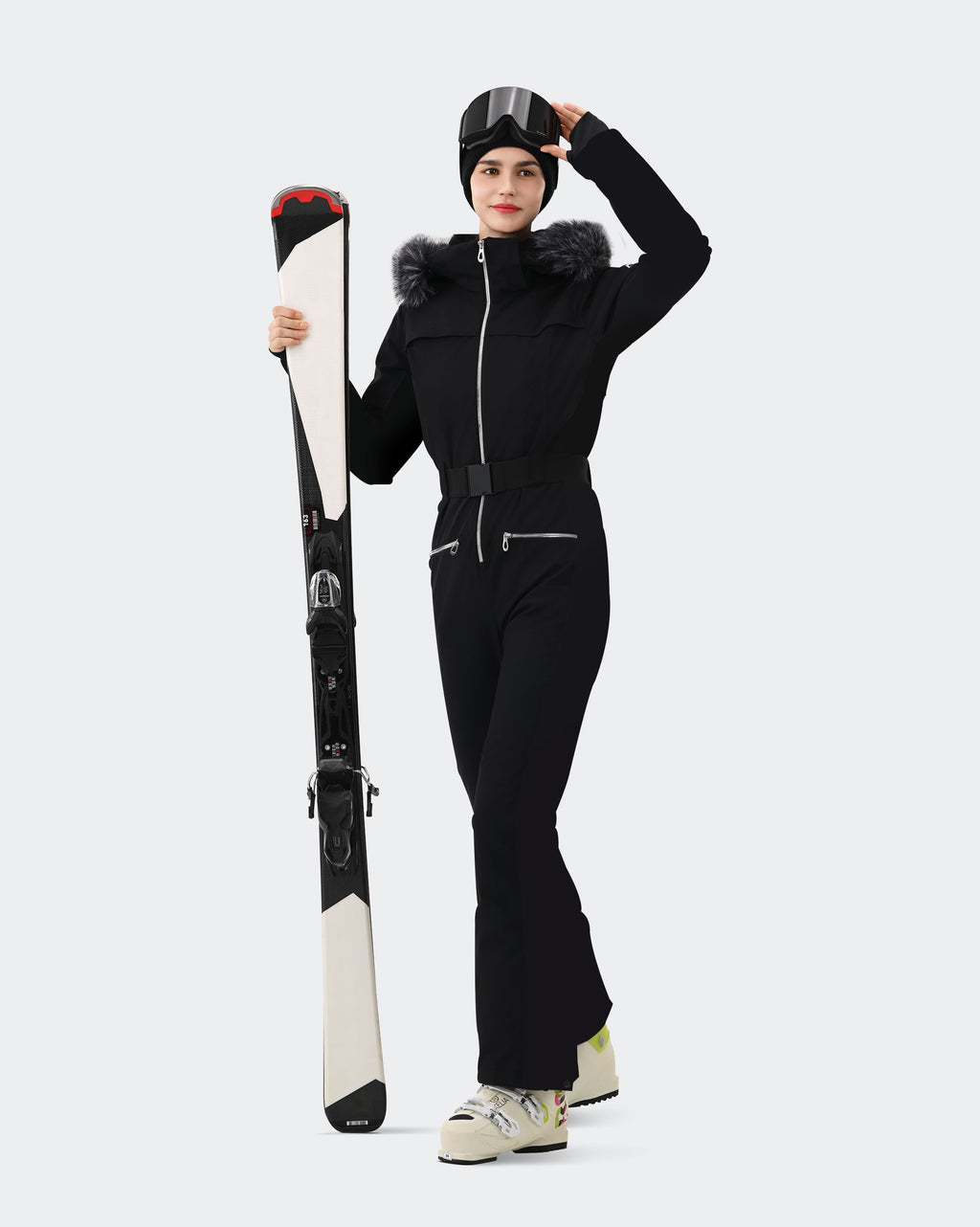 Black ski suit removable hood, fur collar and lift ticket pocket detail
