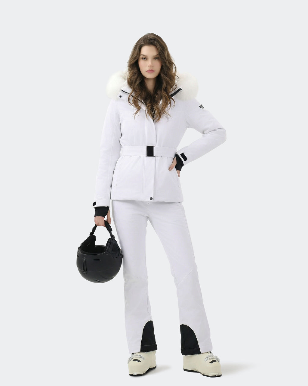 White ski jacket fleece-lined hood and zippered pocket detail
