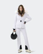 White ski jacket fleece-lined hood and zippered pocket detail

