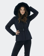 Black ski jacket fleece-lined hood and windproof cuff detail
