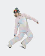 Women wearing Ice Cream Colors baggy gradient snowboard jacket on slopes
