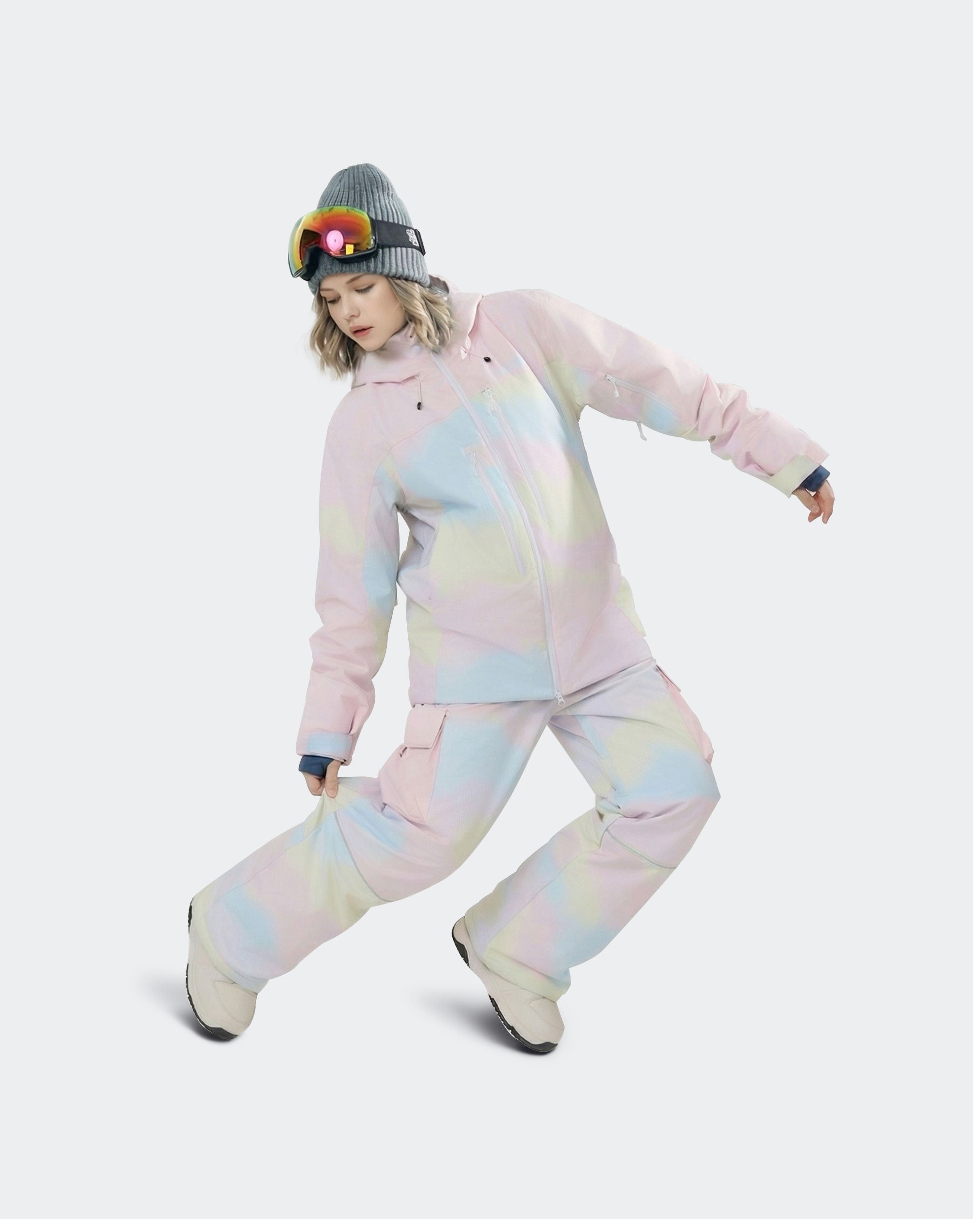 Women wearing Ice Cream Colors baggy gradient snowboard jacket on slopes
