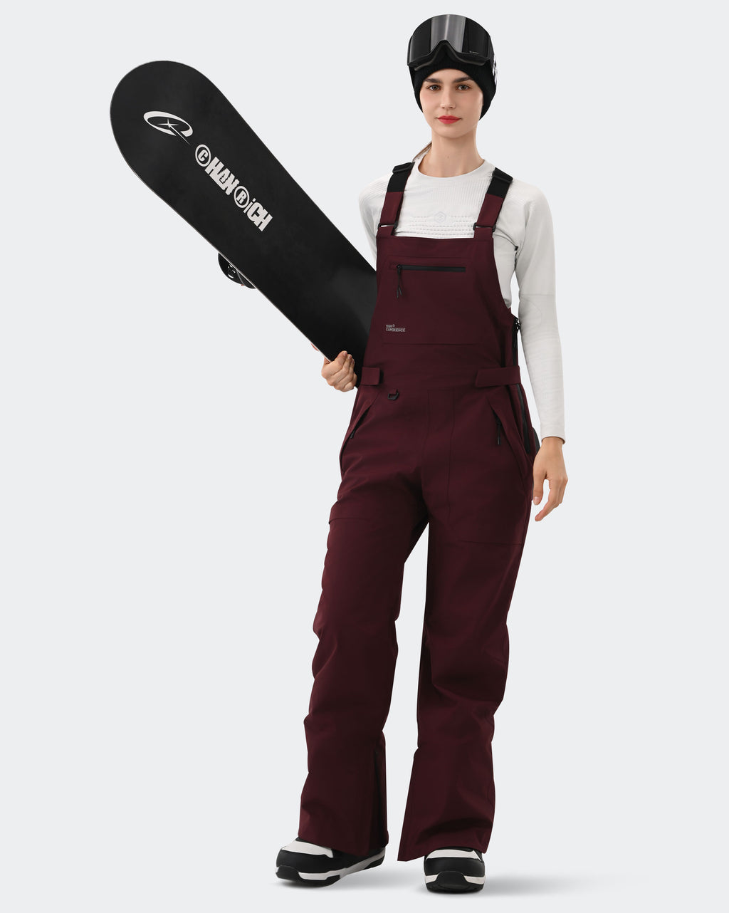 Burgundy Women's Ski Bib Pants – Carrying Snowboard | High Experience