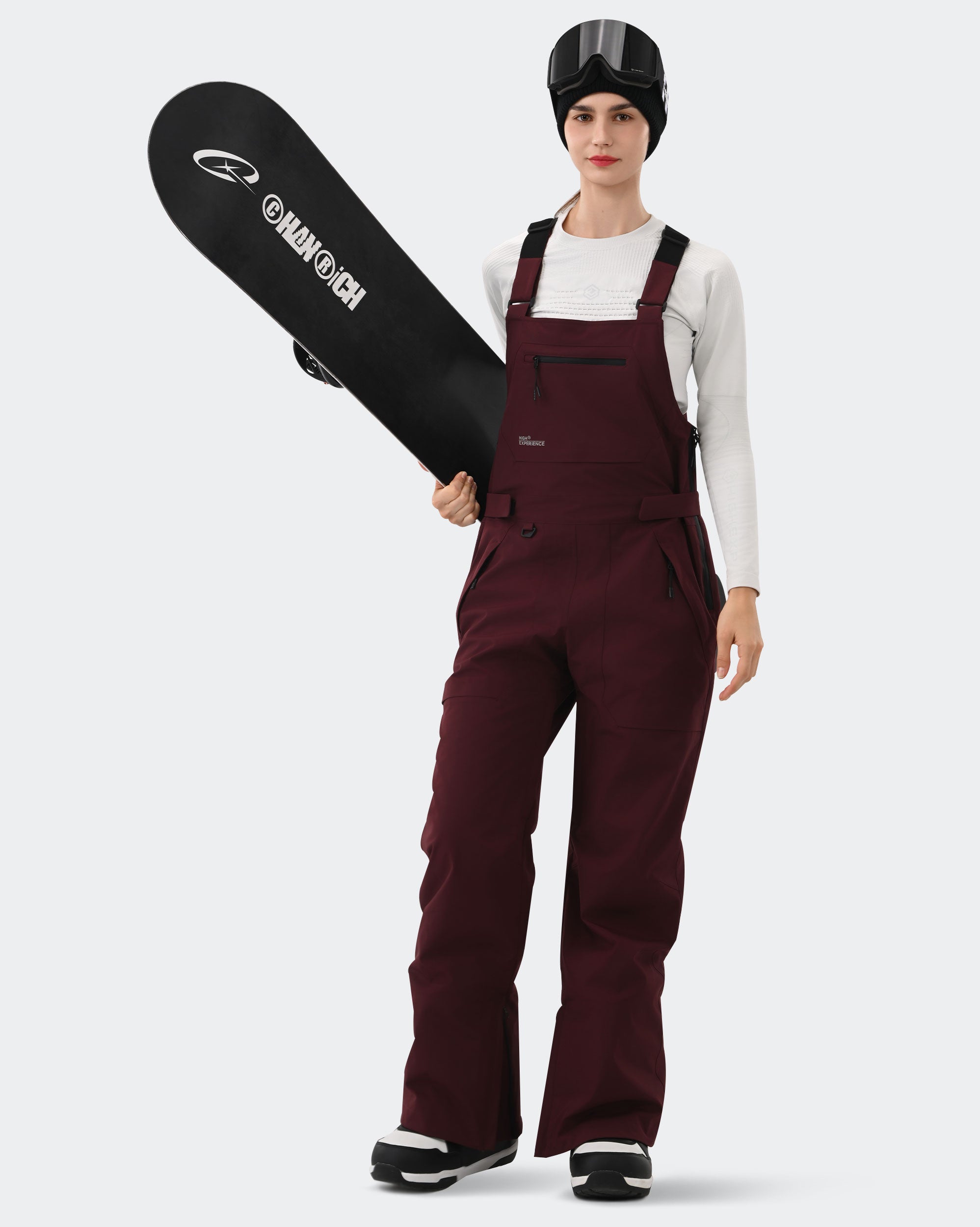 Burgundy Women's Ski Bib Pants – Carrying Snowboard | High Experience